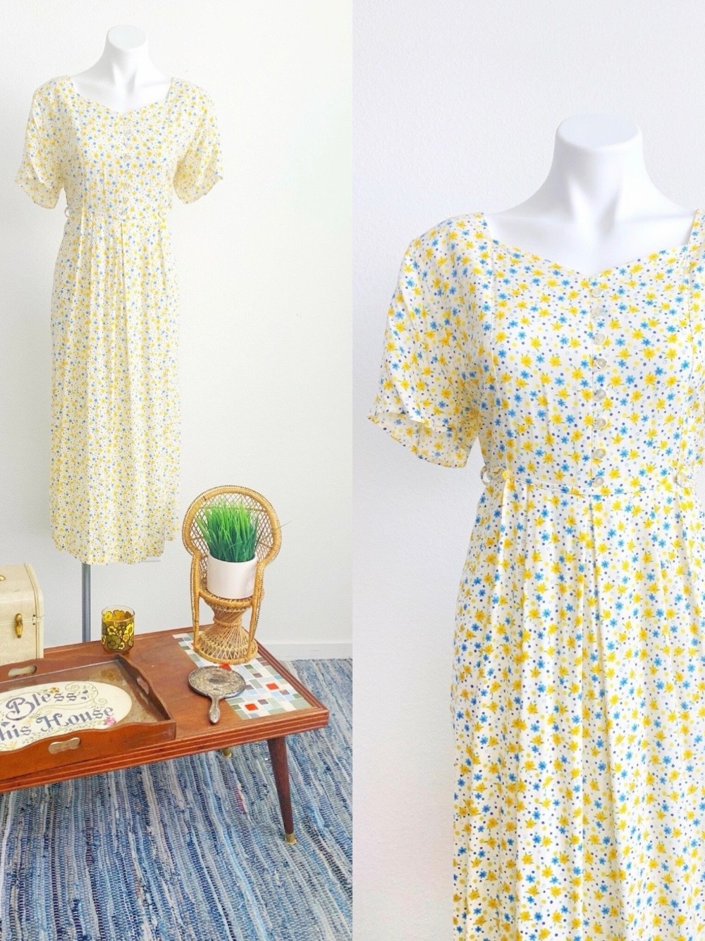 Vintage 90's Grunge Yellow Floral Midi Dress